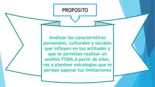 Analizar las características
personales, culturales y sociales
que influyen en tus actitudes y
que te permitan realizar un
análisis FODA.A partir de ellos,
vas a plantear estrategias que te
peritan superar tus limitaciones
PROPOSITO