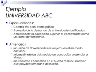  Oportunidades:
 Cambio del perfil demográfico.
 Aumento de la demanda de universidades calificadas.
 Actualmente la educación superior es considerada como
un factor determinante.
 Amenazas:
 Incursión de Universidades extranjeras en el mercado
nacional.
 Migración rápida del modelo de educación presencial al
virtual.
 Inestabilidad económica en el núcleo familiar, situación
que provoca temprana deserción.
Ejemplo
UNIVERSIDAD ABC.
 