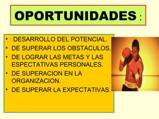 OPORTUNIDADES :
• DESARROLLO DEL POTENCIAL.
• DE SUPERAR LOS OBSTACULOS.
• DE LOGRAR LAS METAS Y LAS
  ESPECTATIVAS PERSONALES.
• DE SUPERACION EN LA
  ORGANIZACION.
• DE SUPERAR LA EXPECTATIVAS.
 