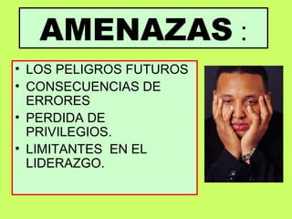 AMENAZAS :
• LOS PELIGROS FUTUROS
• CONSECUENCIAS DE
  ERRORES
• PERDIDA DE
  PRIVILEGIOS.
• LIMITANTES EN EL
  LIDERAZGO.
 