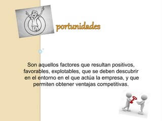 Son aquellos factores que resultan positivos,
favorables, explotables, que se deben descubrir
en el entorno en el que actúa la empresa, y que
permiten obtener ventajas competitivas.
 