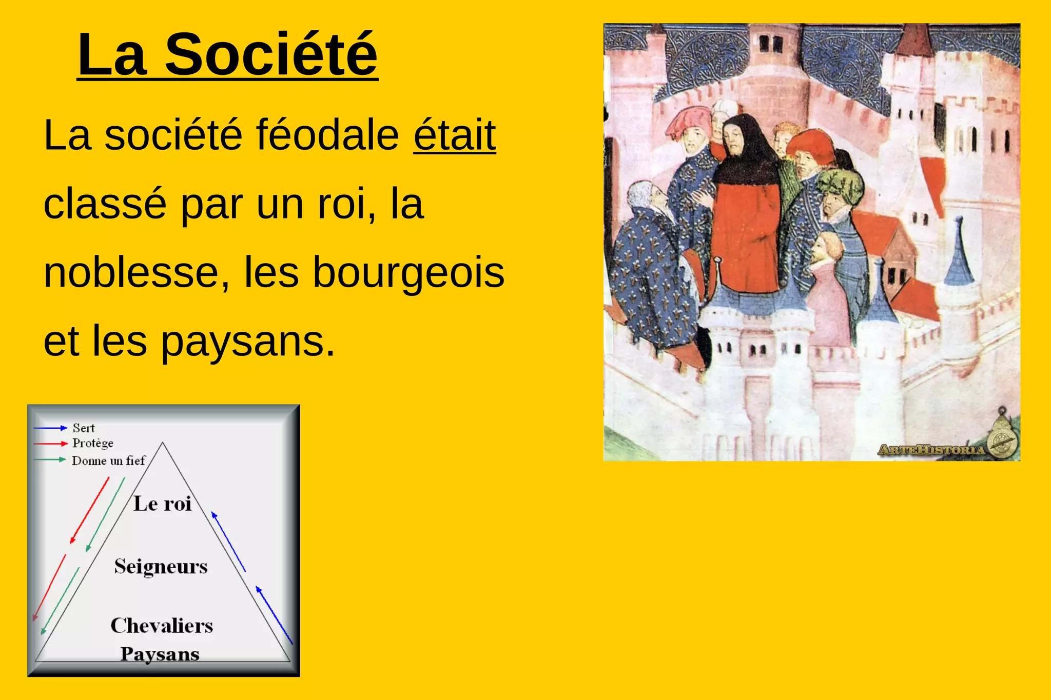 La Société
La société féodale était
classé par un roi, la
noblesse, les bourgeois
et les paysans.
 