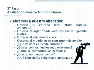 3º Paso
Analizando nuestro Mundo Exterior
Miremos a nuestro alrededor:
• Observa tu entorno más intimo (familia,
amigos…)
• Observa el lugar donde vives (tu barrio / pueblo,
ciudad)
• Observa el país donde vives
• Observa el mundo en su concepto más amplio
• ¿Qué destacas en cada entorno?
• ¿Cuáles son los hechos más relevantes?
• ¿Cómo se comportan las personas?
• ¿Con quién puedes contar?
• ¿Qué consideras peligroso o arriesgado?
 