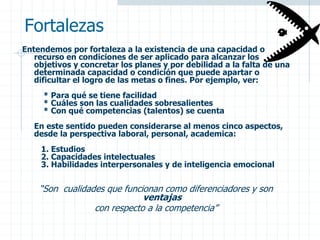 Fortalezas
Entendemos por fortaleza a la existencia de una capacidad o
recurso en condiciones de ser aplicado para alcanzar los
objetivos y concretar los planes y por debilidad a la falta de una
determinada capacidad o condición que puede apartar o
dificultar el logro de las metas o fines. Por ejemplo, ver:
* Para qué se tiene facilidad
* Cuáles son las cualidades sobresalientes
* Con qué competencias (talentos) se cuenta
En este sentido pueden considerarse al menos cinco aspectos,
desde la perspectiva laboral, personal, academica:
1. Estudios
2. Capacidades intelectuales
3. Habilidades interpersonales y de inteligencia emocional
“Son cualidades que funcionan como diferenciadores y son
ventajas
con respecto a la competencia”
 