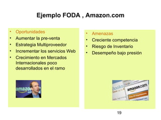 Ejemplo FODA , Amazon.com

•   Oportunidades                   •   Amenazas
•   Aumentar la pre-venta           •   Creciente competencia
•   Estrategia Multiproveedor       •   Riesgo de Inventario
•   Incrementar los servicios Web   •   Desempeño bajo presión
•   Crecimiento en Mercados
    Internacionales poco
    desarrollados en el ramo




                                                   19
 