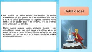 • Los ingresos de Disney revelan una debilidad en estudio
Entertainment, ya que generan 18 % de los ingresos pero solo el
9 % de la utilidad por operación. El segmento interactive media
también es un eslabón débil de la compañía, pues se identifica
como una división con perdidas.
• Disney maneja parques, hoteles, productos diversos y han
extendido sus marcas esto puede causar una debilidad ya que se
puede generan un descontrol administrativo así como una baja
eficiencia y en un descontrol en la implementación de nuevas
estrategias comerciales.
Debilidades
 
