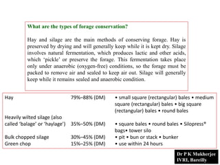 What are the types of forage conservation?
Hay and silage are the main methods of conserving forage. Hay is
preserved by drying and will generally keep while it is kept dry. Silage
involves natural fermentation, which produces lactic and other acids,
which ‘pickle’ or preserve the forage. This fermentation takes place
only under anaerobic (oxygen-free) conditions, so the forage must be
packed to remove air and sealed to keep air out. Silage will generally
keep while it remains sealed and anaerobic condition.
Hay 79%–88% (DM) • small square (rectangular) bales • medium
square (rectangular) bales • big square
(rectangular) bales • round bales
Heavily wilted silage (also
called ‘balage’ or ‘haylage’) 35%–50% (DM) • square bales • round bales • Silopress®
bags• tower silo
Bulk chopped silage 30%–45% (DM) • pit • bun or stack • bunker
Green chop 15%–25% (DM) • use within 24 hours
Dr P K Mukherjee
IVRI, Bareilly
 