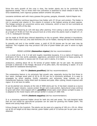 Since the early growth of the crop is slow, the tender plants are to be protected from
aggressive weeds. Two or three inter-row cultivation is essential to check weeds in early life.
Once established, even vigorous grasses seldom smother the plants.

Leucaena combines well with many grasses like guinea, pangola, dinanath, Hybrid Napier etc.

Subabul is a highly nutritious leguminous tree fodder with 27-34 per cent protein. The fodder is
rich in carotene and vitamin A. Pro-vitamin A content is the highest among all plant species.
The foliage contains an uncommon amino acid, mimosine, which is toxic to non-ruminants at
levels of about 10% of the diet.

Subabul starts flowering at 125-150 days after planting: First cutting is done after 5-6 months
at a height of 70-80 cm from the ground level at a time when the plants reach a height of 1.5-
1.75 m. Subsequent harvests

can be made at 50-60 days interval depending on the re-growth. When planted in boundaries,
the main shoot is not cut; only side branches are cut for fodder, leaving the top three branches.

In gravelly soil and in low rainfall areas, a yield of 25-30 tonnes per ha per year may be
obtained. The irrigated crop may pro duce 100 t/ha of green fodder per year in seven to eight
cuttings.

               HEDGE LUCERNE (Desmanthus virgatus) (Ad hoc recommendation)

It is a small shrub, 2 to 3 m tall and roughly resembles leucaena. It is a native of tropics and
subtropics of the new world, palatable, aggressive, persistent and tolerant to heavy grazing. It
has 22 per cent protein in leaves and 10-15 per cent in stems. It is highly

productive, yielding about 40 to 70 tonnes of green fodder per ha per year. No poisonous
principle is observed in the foliage. Be cause of its pithy stem, the harvesting is easier. It is an
ideal plant for wasteland development.

                   AGA THI (Sesbania grandiflora) (Ad hoc recommendation)

The outstanding feature is its extremely fast growth rate, especially during the first three to
four years. Average wood yield of 20 to 25 m3 per ha is commonly achieved. It is easy to
propagate by direct seeding. Prolific nodulation and extremely large nodules are its
characteristic features. Cattle relish both its leaves and pods. After cutting, shoots re sprout with
vigour. It is not toxic to cattle.

It can be planted very densely at the rate of 3000 stems per ha. It has been viewed as a source
of pulp for paper industry. Leaves contain 36 per cent crude protein. Agricultural crops continue
to grow well when intercropped with S. grandiflora whose open crown allows sunlight to pass. It
is adapted to the moist tropics with annual rainfall in excess of 1000 mID.

                     SHEVRI (Sesbania aegyptica) (Ad hoc recommendation)

It is a promising perennial fodder shrub for both dry and wet areas. The sub-marginal lands
that are not suited for agricultural purposes can be used for growing this fodder plant. The
leaves and young twigs form nu

tritious forage to the livestock. The plants can be sown at a spacing of 100 cm x 50 cm. When
cut at 50 cm height at 60 days interval, green fodder yield of 12 tonnes per ha per year can be
obtained.
 
