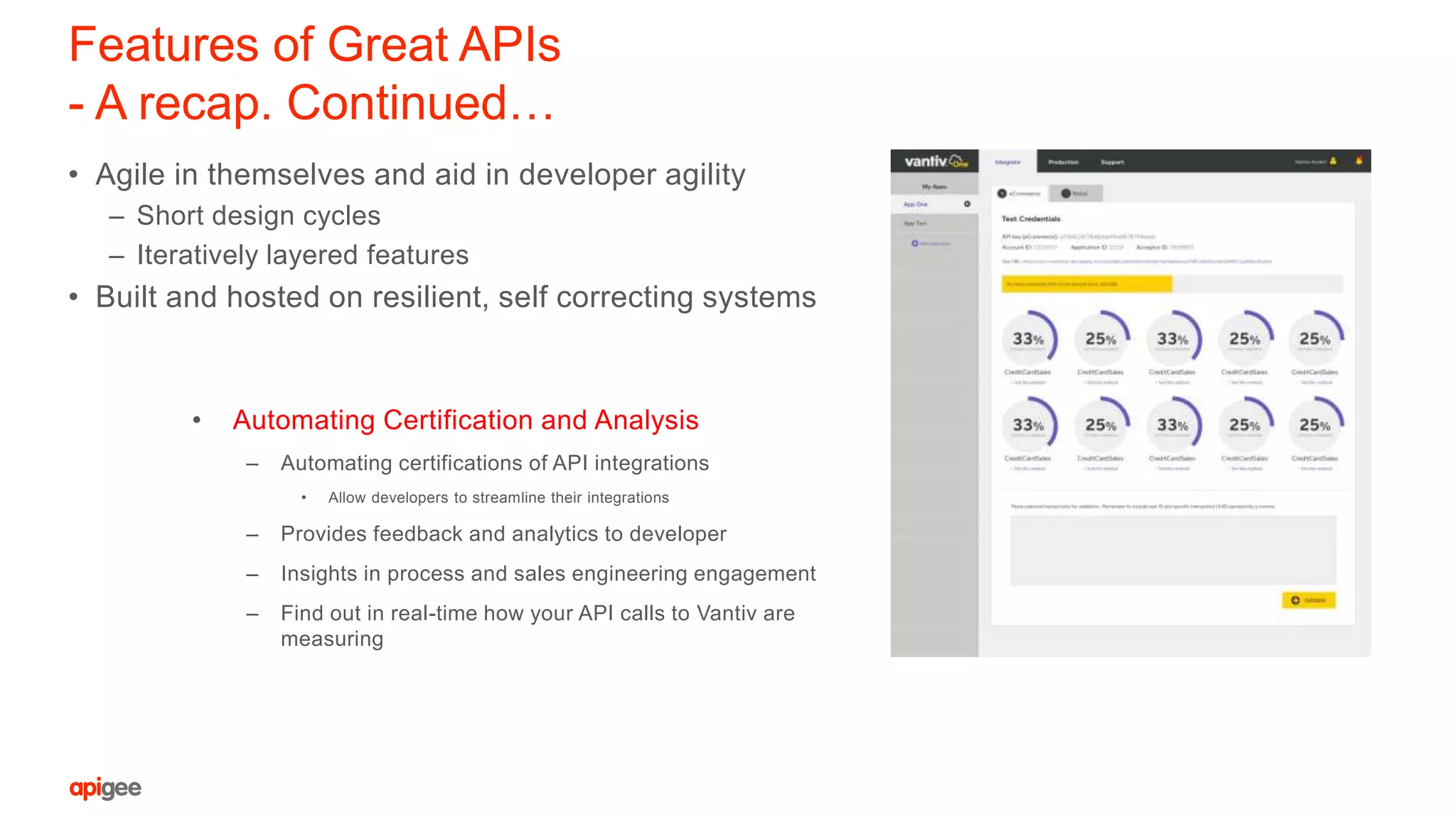 Features of Great APIs
- A recap. Continued…
• Agile in themselves and aid in developer agility
– Short design cycles
– Iteratively layered features
• Built and hosted on resilient, self correcting systems
• Automating Certification and Analysis
– Automating certifications of API integrations
• Allow developers to streamline their integrations
– Provides feedback and analytics to developer
– Insights in process and sales engineering engagement
– Find out in real-time how your API calls to Vantiv are
measuring
 