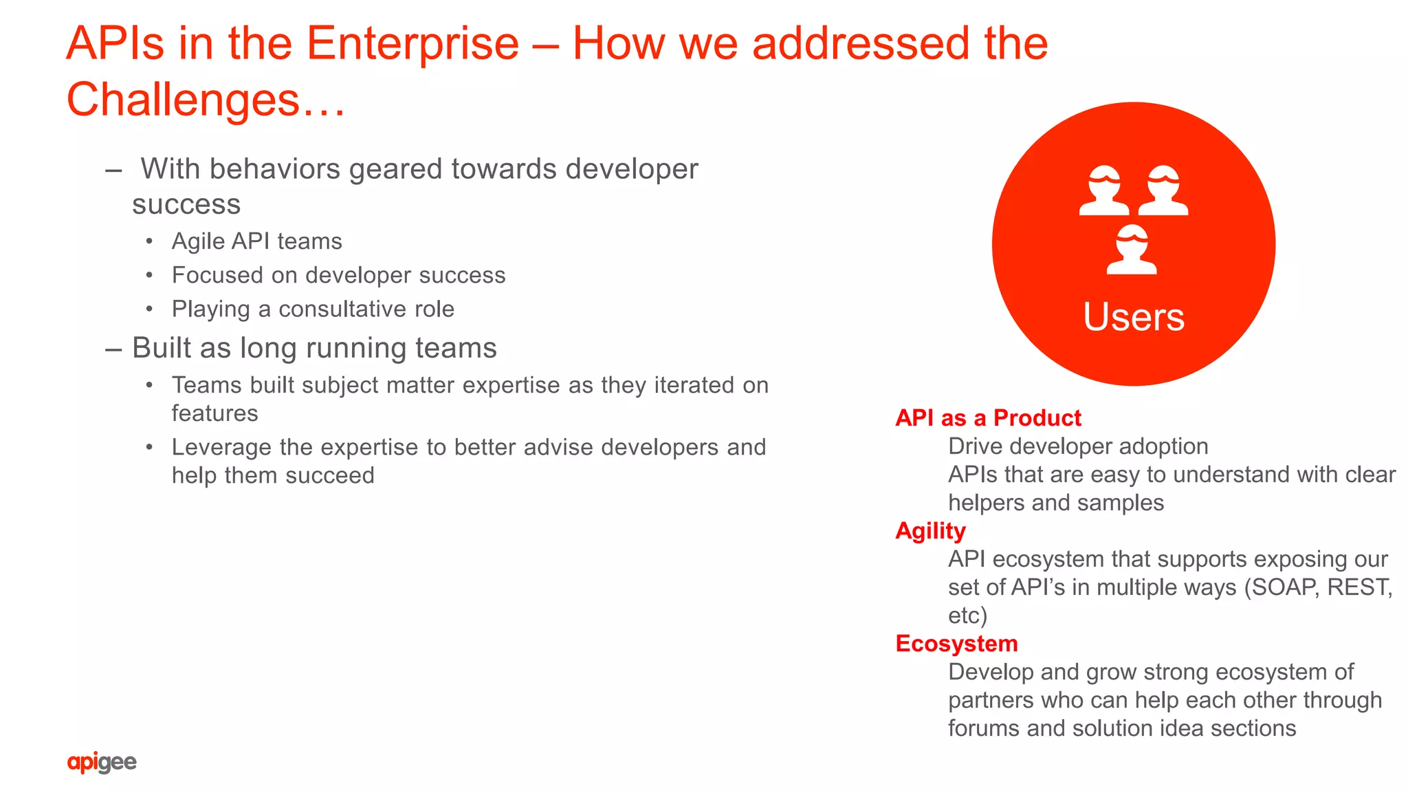 APIs in the Enterprise – How we addressed the
Challenges…
– With behaviors geared towards developer
success
• Agile API teams
• Focused on developer success
• Playing a consultative role
– Built as long running teams
• Teams built subject matter expertise as they iterated on
features
• Leverage the expertise to better advise developers and
help them succeed
API as a Product
Drive developer adoption
APIs that are easy to understand with clear
helpers and samples
Agility
API ecosystem that supports exposing our
set of API’s in multiple ways (SOAP, REST,
etc)
Ecosystem
Develop and grow strong ecosystem of
partners who can help each other through
forums and solution idea sections
Users
 
