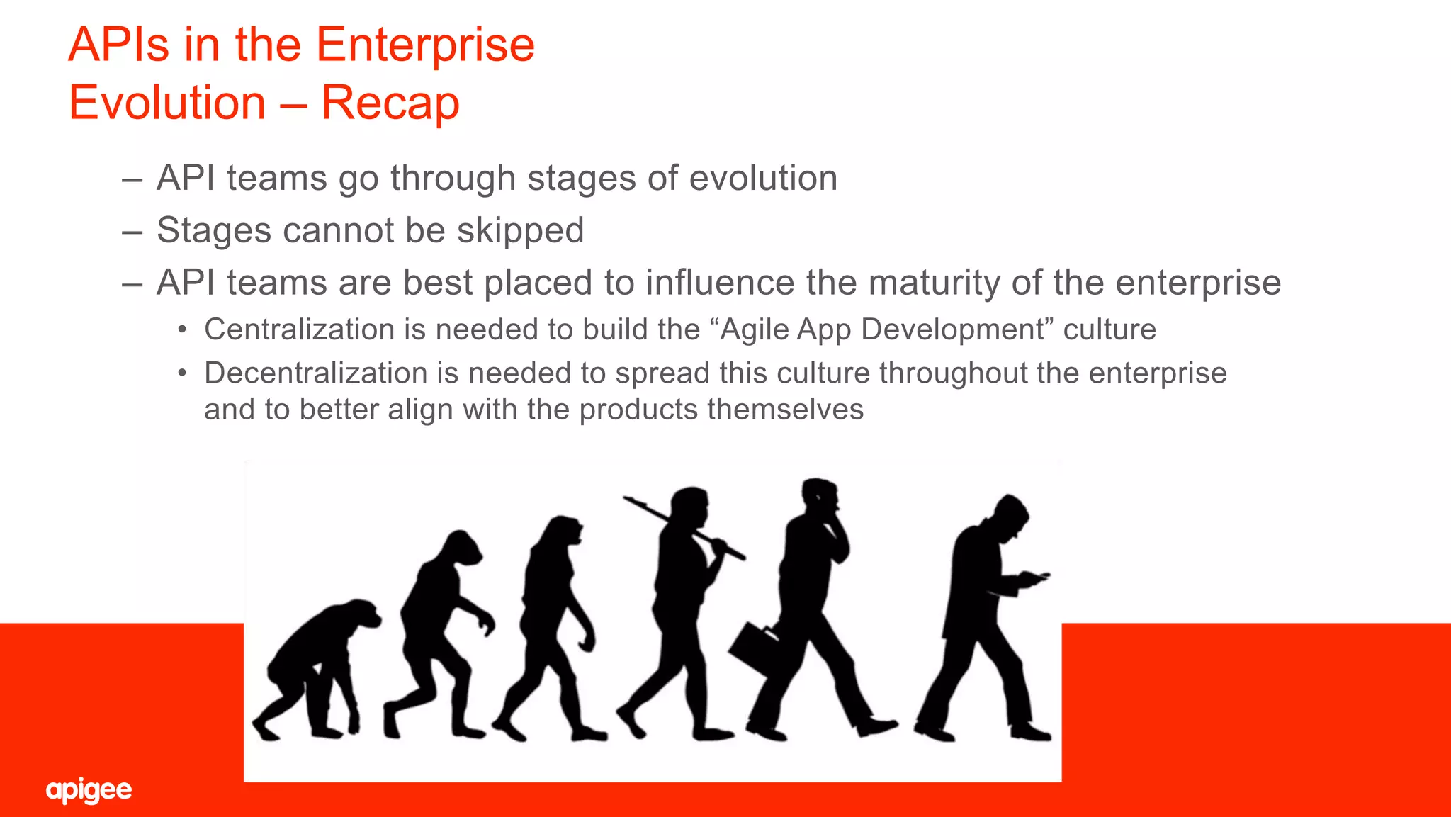 APIs in the Enterprise
Evolution – Recap
30
Text
– API teams go through stages of evolution
– Stages cannot be skipped
– API teams are best placed to influence the maturity of the enterprise
• Centralization is needed to build the “Agile App Development” culture
• Decentralization is needed to spread this culture throughout the enterprise
and to better align with the products themselves
 