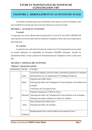 ETUDE ET MAINTENANCE DU SYSTENE DE
CLIMATISATION VRV
Rédigé et présenté par FOKOU Junior Dilane Page 7
Cette partie consistera pour nous de présenter notre séjour au sein de l’entreprise, ainsi
que la totalité des activités que nous avons peu effectué au sein de la société.
SECTION 1 : ACCUEIL ET ACTIVITES
I-Accueil
Le stage que nous avons effectué dans la période du 01 Avril au 01 Juin 2024 à FROIDCAM
nous a permis d’avoir une idée réelle du monde de l’entreprise et faire valoir nos connaissances
déjà acquissent.
II- Activités
Le premier jour a été celui de la prise de contact avec l’environnement du travail, après
un accueil chaleureux du responsable de facturation M.GORD Alexandre. Aussitôt les
présentations faites, il nous a présenté le fonctionnement de l’entreprise et nous a remis nous
EPI
SECTION 2 : JOURNAL DES ACTIVITES
Tableau 2 : Journal des activités
SEMAINES JOURS TACHES
01
Lundi
Accueil des stagiaires, prise de contact, présentation générale de l’entreprise
familiarisation avec les équipements et l’outillage du frigoriste
Mardi
Entretien clim à MIA Akwa :
Nettoyage des filtres, de l’échangeur de l’unité intérieure, de la turbine et de
la façade
Vérification de l’évacuation d’eau
Mercredi
Entretien climatiseurs à CMTS de Yassa :
Nettoyage des filtres, de l’échangeur de l’unité intérieure et de la façades…
Nettoyage du groupe condenseur à l’aide d’un catcheur
Jeudi
Suite entretien clim à MIA Akwa :
Nettoyage des filtres, de la façade…
Vendredi
Remplacement d’une courroie lâché sur une machine à laver
CHAPITRE 2 : DEROULEMENT ET ACTIVITES DU STAGE
 