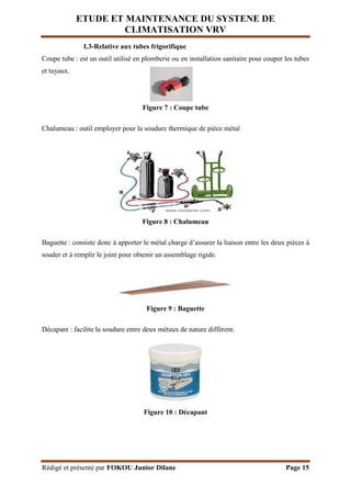 ETUDE ET MAINTENANCE DU SYSTENE DE
CLIMATISATION VRV
Rédigé et présenté par FOKOU Junior Dilane Page 15
I.3-Relative aux tubes frigorifique
Coupe tube : est un outil utilisé en plomberie ou en installation sanitaire pour couper les tubes
et tuyaux.
Figure 7 : Coupe tube
Chalumeau : outil employer pour la soudure thermique de pièce métal
Figure 8 : Chalumeau
Baguette : consiste donc à apporter le métal charge d’assurer la liaison entre les deux pièces à
souder et à remplir le joint pour obtenir un assemblage rigide.
Figure 9 : Baguette
Décapant : facilite la soudure entre deux métaux de nature différent.
Figure 10 : Décapant
 