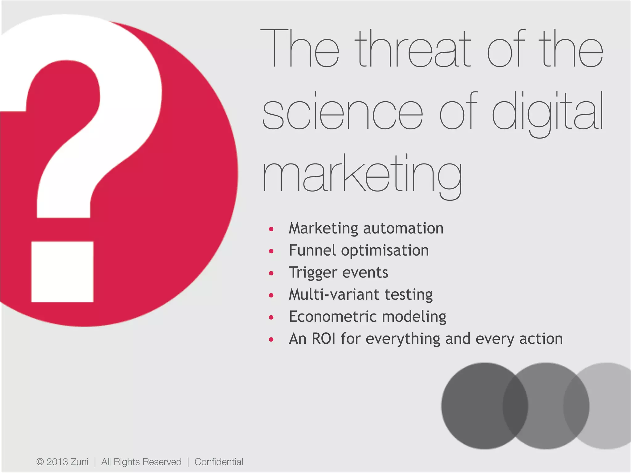 © 2013 Zuni | All Rights Reserved | Confidential
The threat of the
science of digital
marketing
• Marketing automation
• Funnel optimisation
• Trigger events
• Multi-variant testing
• Econometric modeling
• An ROI for everything and every action
 
