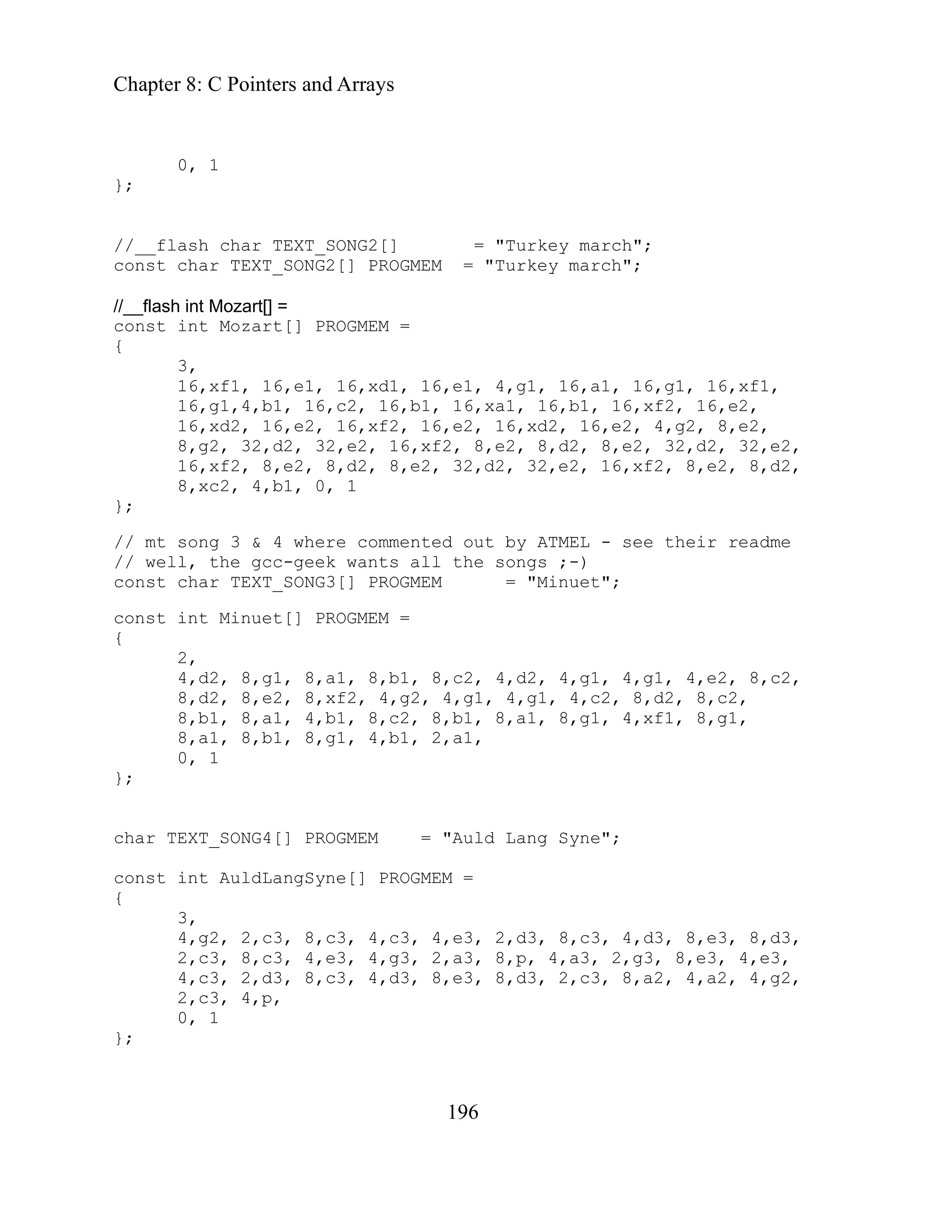 Chapter 8: C Pointers and Arrays
196
/__flash char TEXT_SONG2[] = "Turkey march";
EM = "Turkey march";
1, 16,e1, 4,g1, 16,a1, 16,g1, 16,xf1,
16,b1, 16,xa1, 16,b1, 16,xf2, 16,e2,
,xf2, 16,e2, 16,xd2, 16,e2, 4,g2, 8,e2,
2, 16,xf2, 8,e2, 8,d2, 8,e2, 32,d2, 32,e2,
d2, 8,e2, 32,d2, 32,e2, 16,xf2, 8,e2, 8,d2,
ommented out by ATMEL - see their readme
ts all the songs ;-)
ROGMEM = "Minuet";
GMEM =
,d2, 8,c2,
xf1, 8,g1,
1, 2,a1,
};
MEM = "Auld Lang Syne";
=
, 8,c3, 4,c3, 4,e3, 2,d3, 8,c3, 4,d3, 8,e3, 8,d3,
, 4,e3, 4,g3, 2,a3, 8,p, 4,a3, 2,g3, 8,e3, 4,e3,
2,d3, 8,c3, 4,d3, 8,e3, 8,d3, 2,c3, 8,a2, 4,a2, 4,g2,
4,p,
0, 1
;
0, 1
};
/
const char TEXT_SONG2[] PROGM
//__flash int Mozart[] =
onst int Mozart[] PROGMEM =
c
{
3,
16,xf1, 16,e1, 16,xd
16,g1,4,b1, 16,c2,
16,xd2, 16,e2, 16
8,g2, 32,d2, 32,e
16,xf2, 8,e2, 8,
8,xc2, 4,b1, 0, 1
};
// mt song 3 & 4 where c
// well, the gcc-geek wan
nst char TEXT_SONG3[] P
co
const int Minuet[] PRO
{
2,
4,d2, 8,g1, 8,a1, 8,b1, 8,c2, 4,d2, 4,g1, 4,g1, 4,e2, 8,c2,
8,d2, 8,e2, 8,xf2, 4,g2, 4,g1, 4,g1, 4,c2, 8
8,c2, 8,b1, 8,a1, 8,g1, 4,
8,b1, 8,a1, 4,b1,
8,a1, 8,b1, 8,g1, 4,b
0, 1
char TEXT_SONG4[] PROG
const int AuldLangSyne[] PROGMEM
{
3,
4,g2, 2,c3
2,c3, 8,c3
4,c3,
2,c3,
}
 