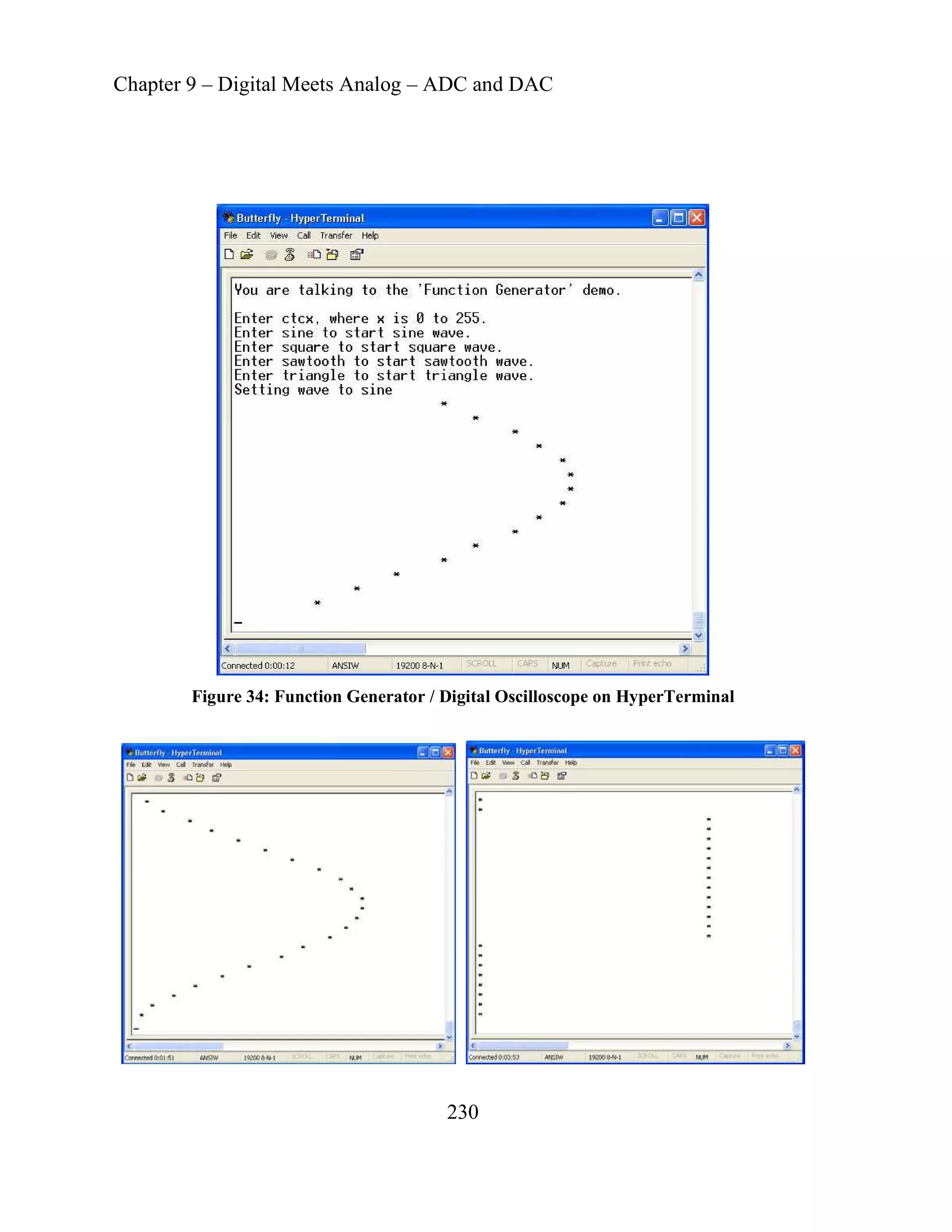 Chapter 9 – Digital Meets Analog – ADC and DAC
230
Figure 34: Function Generator / Digital Oscilloscope on HyperTerminal
 