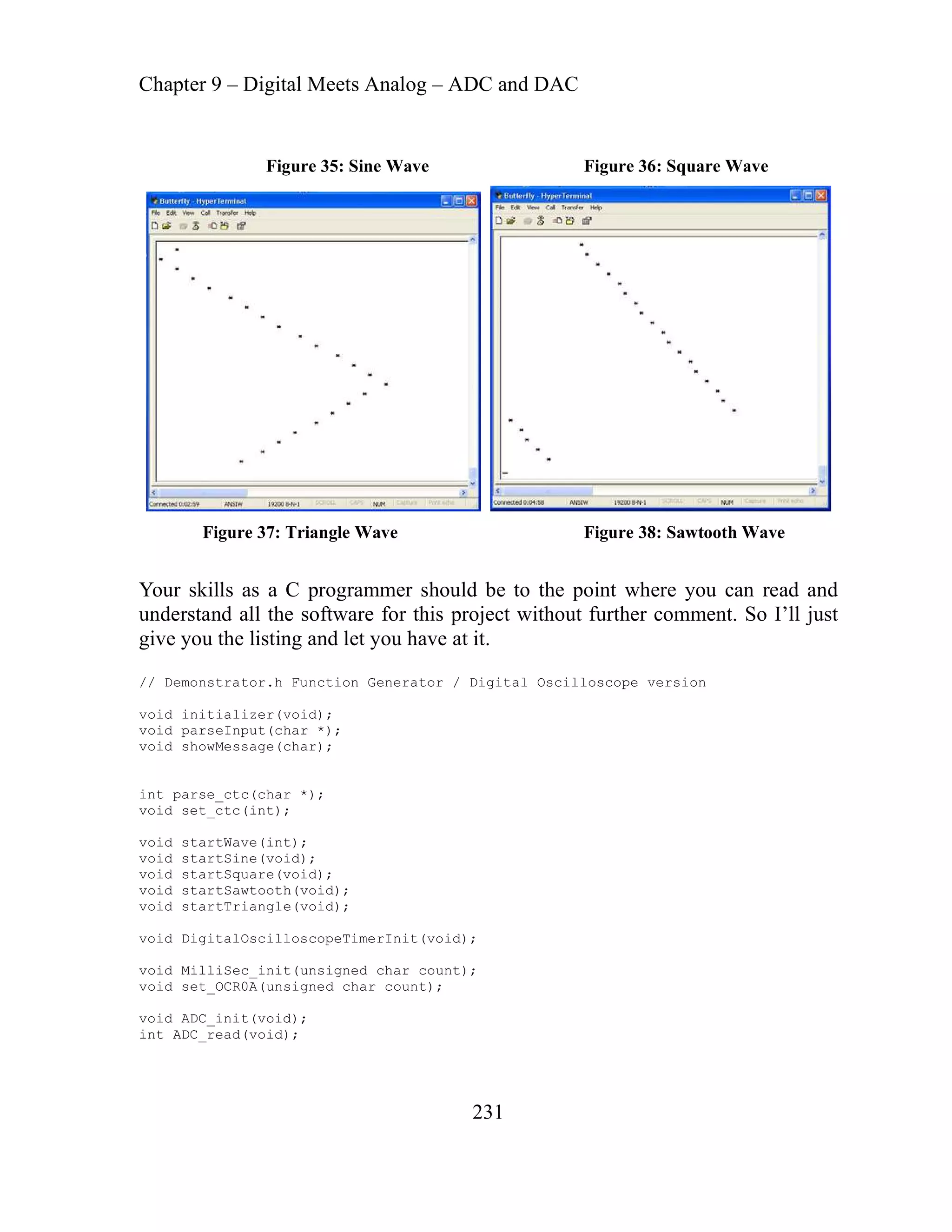 Chapter 9 – Digital Meets Analog – ADC and DAC
231
quare Wave
Figure 35: Sine Wave Figure 36: S
Figure 37: Triangle Wave Figure 38: Sawtooth Wave
Your skills as a C programmer should be to the point where you can read and
oject without further comment. So I’ll just
it.
// Demonstrator.h Function Generator / Digital Oscilloscope version
void
void
void
id startWave(int);
id startSine(void);
void startSquare(void);
void
void
void DigitalOscilloscopeTimerInit(void);
;
id set_OCR0A(unsigned char count);
void ADC_init(void);
int ADC_read(void);
understand all the software for this pr
ive you the listing and let you have at
g
initializer(void);
parseInput(char *);
showMessage(char);
int parse_ctc(char *);
void set_ctc(int);
vo
vo
startSawtooth(void);
startTriangle(void);
void MilliSec_init(unsigned char count)
vo
 