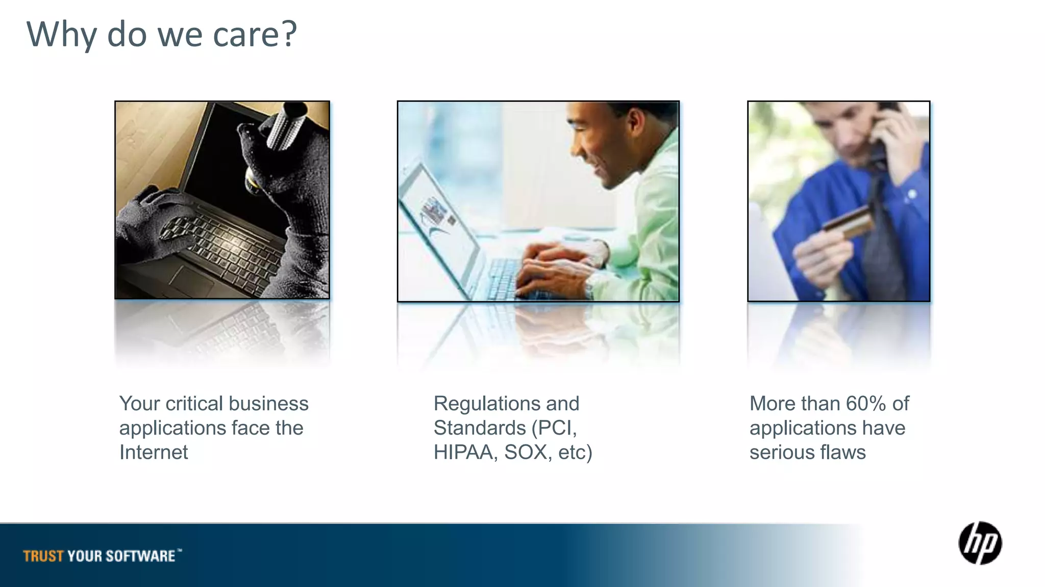 Why do we care?




     Your critical business   Regulations and    More than 60% of
     applications face the    Standards (PCI,    applications have
     Internet                 HIPAA, SOX, etc)   serious flaws
 