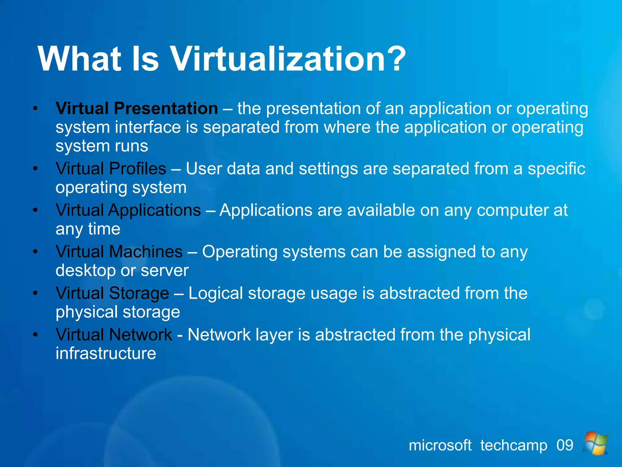 The Architecture of Hyper-VVMWorkerProcessesParent PartitionChild PartitionsApplicationsApplicationsApplicationsApplicationsUser ModeWMIProviderVM ServiceWindows Server 2008Non-Hypervisor Aware OSWindowsKernelWindows KernelXen-Enabled Linux KernelWindows Server 2003, 2008VSPKernel ModeIHV DriversVMBusLinux VSCVSCEmulationVMBusVMBusWindows HypervisorHypercallAdapterRing -1“Designed for Windows” Server Hardware