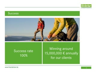 www.foerderbar.de 4
Success
Success rate
100%
Winning around
15,000,000 € annually
for our clients
 