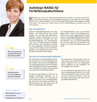Förderung und Finanzierung für Ihr Fernstudium10
Noch Fragen?
0800 999 0800 (gebührenfrei)
service@haf-mail.de
www.akademie-fuer-fernstudien.de

@
BAföG gib es nicht nur für Hochschulstudenten oder Schüler. Seit vielen Jahren kön­
nen sich Berufspraktiker ihre Aufstiegsfortbildung über das sogenannte Aufstiegs-
BAföG (früher: Meister-BAföG) nach dem Aufstiegsfortbildungsförderungsgesetz (AFBG)
finanzieren. So möchte der Staat Ihnen bei Ihrer Weiterbildung finanziell unter die
Arme greifen.
Aufstiegs-BAföG für
Fortbildungs­abschlüsse
Tipp:
40% Zuschuss plus zins-
günstiges KfW-Darlehen
dank Aufstiegs-BAföG!
Tipp:
AFBG-Mittel gibt es
für viele Lehrgänge der
Hamburger Akademie!
Was wird gefördert?
Wie wird mit Aufstiegs-BAföG gefördert?
Die Förderung mit Aufstiegs-BAföG beinhal­
tet Zuschüsse, die nicht zurückgezahlt wer­
den müssen. Hinzu kommt die Möglichkeit,
ein zinsgünstiges Darlehen bei der Kreditan­
stalt für Wiederaufbau (KfW) abzuschließen,
dass die Differenz zwischen Zuschussanteil
und maximalem Förderbetrag abdeckt.
Sie können einen Beitrag in Höhe der tat­
sächlich anfallenden Gebühren bis zu
15.000 Euro erhalten. Die Förderung ist
nicht einkommens- oder vermögensabhän­
gig. 40 Prozent der Förderung erhalten Sie
als Zuschuss; für den Rest bietet Ihnen die
KfW ein zinsgünstiges Bankdarlehen.
Bei bestandener Prüfung werden Ihnen da­
rüber hinaus auf Antrag 40 Prozent des zu
diesem Zeitpunkt noch nicht fällig gewor­
denen Darlehens für die Lehrgangs- und
Prüfungsgebühren erlassen.
Für ein Meisterprüfungsprojekt können Sie
einen Materialkostenzuschuss bis zur Hälf­
te der erforderlichen Kosten und einer Höhe
von bis zu 2.000 Euro erhalten – auch hier
40 Prozent als Zuschuss, der Rest als zins­
günstiges KfW-Darlehen.
Typische Aufstiegsfortbildungen sind etwa
Meister- und Fachwirtkurse oder Fortbil­
dungen zum Techniker oder Betriebswirt.
Gefördert werden Fortbildungen, die auf
öffentlich-rechtliche Prüfungen nach dem
Berufsbildungsgesetz, der Handwerksord­
nung oder auf gleichwertige Abschlüsse
nach Bundes- oder Landesrecht vorberei­
ten. Der angestrebte berufliche Abschluss
muss über dem Niveau einer Facharbeiter-,
Gesellen- und Gehilfenprüfung oder eines
Berufsfachschulabschlusses liegen.
Als Teilzeitmaßnahme, wozu auch Fernlehr­
gänge zählen, müssen die Lehrgänge inner­
halb von vier Jahren abgeschlossen werden.
Zu den mit Aufstiegs-BAföG geförderten Maß­
nahmen zählen viele Lehrgänge der Hambur­
ger Akademie, die auf Fachwirt-Abschlüsse
der IHK oder HWK oder auf staatliche Prü­
fungen (z. B. Techniker, Betriebswirte) vorbe­
reiten.
 