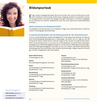 Förderung und Finanzierung für Ihr Fernstudium20
Noch Fragen?
0800 999 0800 (gebührenfrei)
service@haf-mail.de
www.akademie-fuer-fernstudien.de

@
Einige unserer Lehrgänge beinhalten Seminare. Sie üben dort unter der Anleitung von erfah­
renen Fachleuten viele wichtige Inhalte Ihres Lehrgangs praktisch anzuwenden und kön­
nen sich gemeinsam mit anderen auf etwaige Prüfungen vorbereiten. In manchen Lehrgängen
ist die Teilnahme am Seminar verpflichtend, wenn Sie einen bestimmten Studienabschluss
anstreben.
Bildungsurlaub
Welche Seminare sind förder­berechtigt?
Grundsätzlich sind alle Seminare von mindestens 3 Tagen bzw. 20 Stunden Dauer im Rahmen
unserer Fernlehrgänge förderberechtigt.
In welchen Bundesländern gilt der Bildungsurlaub für den Seminar­besuch?
In 14 von 16 Bundesländern besteht die Möglichkeit, für den Besuch der Seminare im Rahmen
Ihres Fernstudiengangs Bildungsurlaub zu beantragen. Sie dürfen bis zu 5 Tage pro Jahr Bil­
dungsurlaub nehmen. Dabei können maximal 5 Tage aus dem Vorjahr mit angerechnet werden.
Wenn Sie als Arbeitnehmer/in aus einem der 14 Bundesländer mit bestehendem Bildungsur­
laubsgesetz bzw. Weiterbildungsgesetz tätig sind, können Sie dort Bildungsurlaub beantragen.
Wenn kein Bildungsurlaubs­gesetz vorhanden ist, wie z.B. in Bayern oder Baden-Württemberg,
ist Bildungsurlaub über betriebliche oder tarifliche Vereinbarungen möglich; sprechen Sie dazu
ggf. mit Ihrem Vorgesetzten oder Personalchef.
Baden-Württemberg
5 Arbeitstage pro Jahr.
Bayern
Kein Bildungsurlaubsgesetz vorhanden.
Berlin
10 Arbeitstage pro Zweijahreszeitraum;
Mindestdauer 1 Tag.
Brandenburg
10 Arbeitstage pro Zweijahreszeitraum;
Mindestdauer 3 Tage.
Bremen
10 Arbeitstage pro Zweijahreszeitraum;
Mindestdauer 5 Tage.
Hamburg
10 Arbeitstage pro Zweijahreszeitraum;
Mindestdauer 3 Tage.
Hessen
5 Arbeitstage pro Jahr;
Mindestdauer 5 Tage; nur für öffentliche
Bildungsträger.
Mecklenburg-Vorpommern
5 Arbeitstage pro Jahr;
Mindestdauer 3 Tage (à 8 Stunden pro Tag).
Niedersachsen
5 Arbeitstage pro Jahr;
Mindestdauer 3 Tage.
Nordrhein-Westfalen
5 Arbeitstage pro Jahr; nur für öffentliche
Bildungsträger.
Rheinland-Pfalz
10 Arbeitstage pro Zweijahreszeitraum;
Mindestdauer 3 Tage.
 
