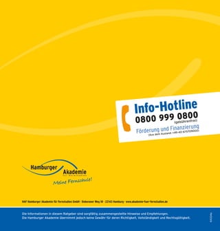 HAF Hamburger Akademie für Fernstudien GmbH · Doberaner Weg 18 · 22143 Hamburg · www.akademie-fuer-fernstudien.de
Die Informationen in diesem Ratgeber sind sorgfältig zusammengestellte Hinweise und Empfehlungen.
Die Hamburger Akademie übernimmt jedoch keine Gewähr­für deren Richtigkeit, Vollständigkeit und Rechts­gültigkeit.
64334a
Info-Hotline
0800 999 0800
Förderung und Finanzierung (gebührenfrei)
(Aus dem Ausland: +49-40-675709000)
 