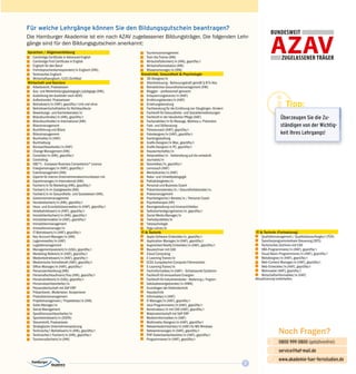 7
Noch Fragen?
0800 999 0800 (gebührenfrei)
service@haf-mail.de
www.akademie-fuer-fernstudien.de

@
Tipp:
Überzeugen Sie die Zu­
ständigen von der Wichtig-
keit Ihres Lehrgangs!
Für welche Lehrgänge können Sie den Bildungsgutschein beantragen?
Die Hamburger Akademie ist ein nach AZAV zugelassener Bildungsträger. Die folgenden Lehr­
gänge sind für den Bildungsgutschein anerkannt:
Sprachen / Allgemeinbildung
Cambridge Certificate in Advanced English
Cambridge First Certificate in English
Englisch für den Beruf
Fremdsprachenkorrespondent/in Englisch (IHK),
Technisches Englisch
Wirtschaftsenglisch /LCCI-Zertifikat
Wirtschaft und Karriere
Arbeitsrecht, Praxiswissen
Aus- und Weiterbildungspädagogin/pädagoge (IHK),
Ausbildung der Ausbilder nach AEVO
Außenhandel, Praxiswissen
Betriebswirt/in (HAF), geprüfte/r (mit und ohne
Betriebswirtschaftslehre für Nichtkaufleute
Bewerbungs- und Karriereberater/in
Bilanzbuchhalter/in (IHK), geprüfte/r
Bilanzbuchhalter/in International (IHK)
Bilanzmanagement
Buchführung und Bilanz
Bilanzmanagement
Buchhalter/in (HAF)
Buchhaltung
Bürosachbearbeiter/in (HAF)
Change Management (IHK)
Controller/in (IHK), geprüfte/r
Controlling
EBC*L - European Business Competence* Licence
Energiemanager/in (HAF), geprüfte/r
Eventmanagement (IHK)
Experte für interne Unternehmenskommunikation mit
Exportmanager/in International (IHK)
Fachwirt/in für Marketing (IHK), geprüfte/r
Fachwirt/in im Gastgewerbe (IHK)
Fachwirt/in im Gesundheits- und Sozialwesen (IHK),
Gastronomiemanagement
Handelsfachwirt/in (IHK), geprüfte/r
Haus- und Grundstücksverwalter/in (HAF), geprüfte/r
Hotelbetriebswirt/in (HAF), geprüfte/r
Immobilienfachwirt/in (IHK), geprüfte/r
Immobilienmakler/in (HAF), geprüfte/r
Immobilienmanagement
Innovationsmanager/in
IT-Betriebswirt/in (HAF), geprüfte/r
Key-Account-Manager/in (IHK)
Lagerverwalter/in (HAF)
Logistikmanagement
Managementassistent/in (bSb), geprüfte/r
Marketing-Referent/in (HAF), geprüfte/r
Medienbetriebswirt/in (HAF), geprüfte/r
Medizinische Schreibkraft (HAF), geprüfte/r
Office-Manager/in (HAF), geprüfte/r
Personalentwicklung (IHK)
Personalfachkaufmann/frau (IHK), geprüfte/r
Personalreferent/in (bSb), geprüfte/r
Personalsachbearbeiter/in
Personalwirtschaft mit SAP ERP
Präsentieren, Moderieren, Kooperieren
Produktionsmanagement
Projektmanagement / Projektleiter/in (IHK)
Sales Manager/in
Social Management
Speditionssachbearbeiter/in
Sportbetriebswirt/in (DSPA)
Steuerrecht, Praxiswissen
Strategische Unternehmensplanung
Technische/r Betriebswirt/in (IHK), geprüfte/r
Technischer/r Fachwirt/in (IHK), geprüfte/r
Tourismusfachwirt/in (IHK)
Tourismusmanagement
Train the Trainer (IHK)
Wirtschaftsfachwirt/in (IHK), geprüfte/r
Wirtschaftsmediation (IHK)
Wissensmanager/in (IHK)
Kreativität, Gesundheit & Psychologie
3D-Designer/in
Altenbetreuung - Betreuungskraft gemäß § 87b Abs.
Betriebliches Gesundheitsmanagement (IHK)
Bloggen – professionell gemacht
Entspannungstrainer/in (HAF)
Ernährungsberater/in (HAF)
Erziehungsberatung
Fachberatung für die Ernährung von Säuglingen, Kindern
Fachkraft für Gesundheits- und Sozialdienstleistungen
Fachkraft in der häuslichen Pflege (HAF)
Fachpraktiker/in für Massage, Wellness u. Prävention
Farb- und Stilberatung
Fitnesscoach (HAF), geprüfte/r
Fotodesigner/in (HAF), geprüfte/r
Gartengestaltung
Grafik-Designer/in Mac, geprüfte/r
Grafik-Designer/in PC, geprüfte/r
Hauswirtschafter/in
Heilpraktiker/in - Vorbereitung auf die amtsärztl.
Journalist/in
Kosmetiker/in, geprüfte/r
Lerncoach (HAF)
Mentaltrainer/in (HAF)
Natur- und Umweltpädagogik
Palliativbegleiter/in
Personal und Business Coach
Präventionsberater/in / Gesundheitsberater/in,
Praxismanagement
Psychologische/r Berater/in / Personal Coach
Psychotherapie (HP)
Raumgestaltung und Innenarchitektur
Selbstverteidigungstrainer/in, geprüfte/r
Social Media Manager/in
Tierheilpraktiker/in
Tierpsychologie
Yoga-Lehrer/in
IT & Technik
Apple Software-Entwickler/in, geprüfte/r
Application-Manager/in (HAF), geprüfte/r
Augmented Reality Entwickler/in (HAF), geprüfte/r
Bauzeichnen mit CAD
Cloud Computing
E-Learning Trainer/in
ECDL Europäischer Computer Führerschein
E-Learning Trainer/in
Fachinformatiker/in (HAF) – Schwerpunkt Systemin-
Fachkraft für erneuerbare Energien
Fachkraft für Industrieroboter – Bedienung u. Program-
Gebäudeenergieberater/in (HWK)
Grundlagen der Elektrotechnik
Haustechnik
Informatiker/n (HAF)
IT-Manager/in (HAF), geprüfte/r
Java-Programmierer/in (HAF), geprüfte/r
Konstrukteur/in mit CAD (HAF), geprüfte/r
Materialwirtschaft mit SAP ERP
Medieninformatiker/in (HAF)
Multimedia-Designer/in (HAF), geprüfte/r
Netzwerkadministrator/in (HAF) für MS Windows
Netzwerkmanager/in (HAF), geprüfte/r
PHP-Datenbankentwickler/in (HAF), geprüfte/r
Programmierer/in (HAF), geprüfte/r
IT & Technik (Fortsetzung)
Qualitätsmanagement / Qualitätsbeauftragte/r (TÜV)
Speicherprogrammierbare Steuerung (SPS)
Technisches Zeichnen mit CAD
VBA-Programmierer/in (HAF), geprüfte/r
Visual Basic-Programmierer/in (HAF), geprüfte/r
Webdesigner/in (HAF), geprüfte/r
Web-Content-Manager/in (HAF), geprüfte/r
Web-Entwickler/in (HAF), geprüfte/r
Webmaster (HAF), geprüfte/r
Wirtschaftsinformatiker/in (HAF)
Aktualisierung vorbehalten.
 