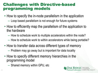 28
Challenges with Directive-based
programming models
•  How to specify the in-node parallelism in the application
–  Loop based parallelism is not enough for future systems
•  How to efficiently map the parallelism of the application to
the hardware
–  How to schedule work to multiple accelerators within the node?
–  How to schedule work to within accelerators while being portable?
•  How to transfer data across different types of memory
–  Problem may go away but is important for data locality
•  How to specify different memory hierarchies in the
programming model
–  Shared memory within GPU, etc
 