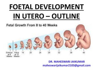 FOETAL DEVELOPMENT
IN UTERO – OUTLINE
DR. MAHESWARI JAIKUMAR
maheswarijaikumar2103@gmail.com
 