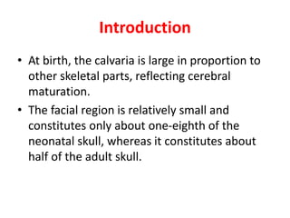 Introduction
• At birth, the calvaria is large in proportion to
other skeletal parts, reflecting cerebral
maturation.
• The facial region is relatively small and
constitutes only about one-eighth of the
neonatal skull, whereas it constitutes about
half of the adult skull.
 