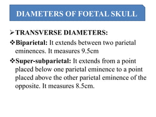 TRANSVERSE DIAMETERS:
Biparietal: It extends between two parietal
eminences. It measures 9.5cm
Super-subparietal: It extends from a point
placed below one parietal eminence to a point
placed above the other parietal eminence of the
opposite. It measures 8.5cm.
DIAMETERS OF FOETAL SKULL
 
