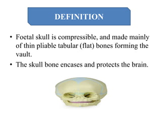 • Foetal skull is compressible, and made mainly
of thin pliable tabular (flat) bones forming the
vault.
• The skull bone encases and protects the brain.
DEFINITION
 