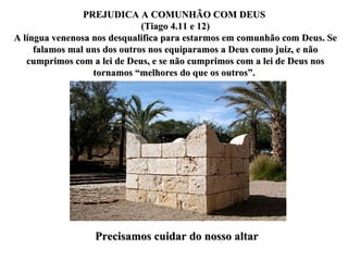PREJUDICA A COMUNHÃO COM DEUS  (Tiago 4.11 e 12) A língua venenosa nos desqualifica para estarmos em comunhão com Deus. Se falamos mal uns dos outros nos equiparamos a Deus como juiz, e não cumprimos com a lei de Deus, e se não cumprimos com a lei de Deus nos tornamos “melhores do que os outros”.  Precisamos cuidar do nosso altar 