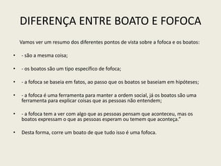 DIFERENÇA ENTRE BOATO E FOFOCA
Vamos ver um resumo dos diferentes pontos de vista sobre a fofoca e os boatos:
• - são a mesma coisa;
• - os boatos são um tipo específico de fofoca;
• - a fofoca se baseia em fatos, ao passo que os boatos se baseiam em hipóteses;
• - a fofoca é uma ferramenta para manter a ordem social, já os boatos são uma
ferramenta para explicar coisas que as pessoas não entendem;
• - a fofoca tem a ver com algo que as pessoas pensam que aconteceu, mas os
boatos expressam o que as pessoas esperam ou temem que aconteça.”
• Desta forma, corre um boato de que tudo isso é uma fofoca.
 