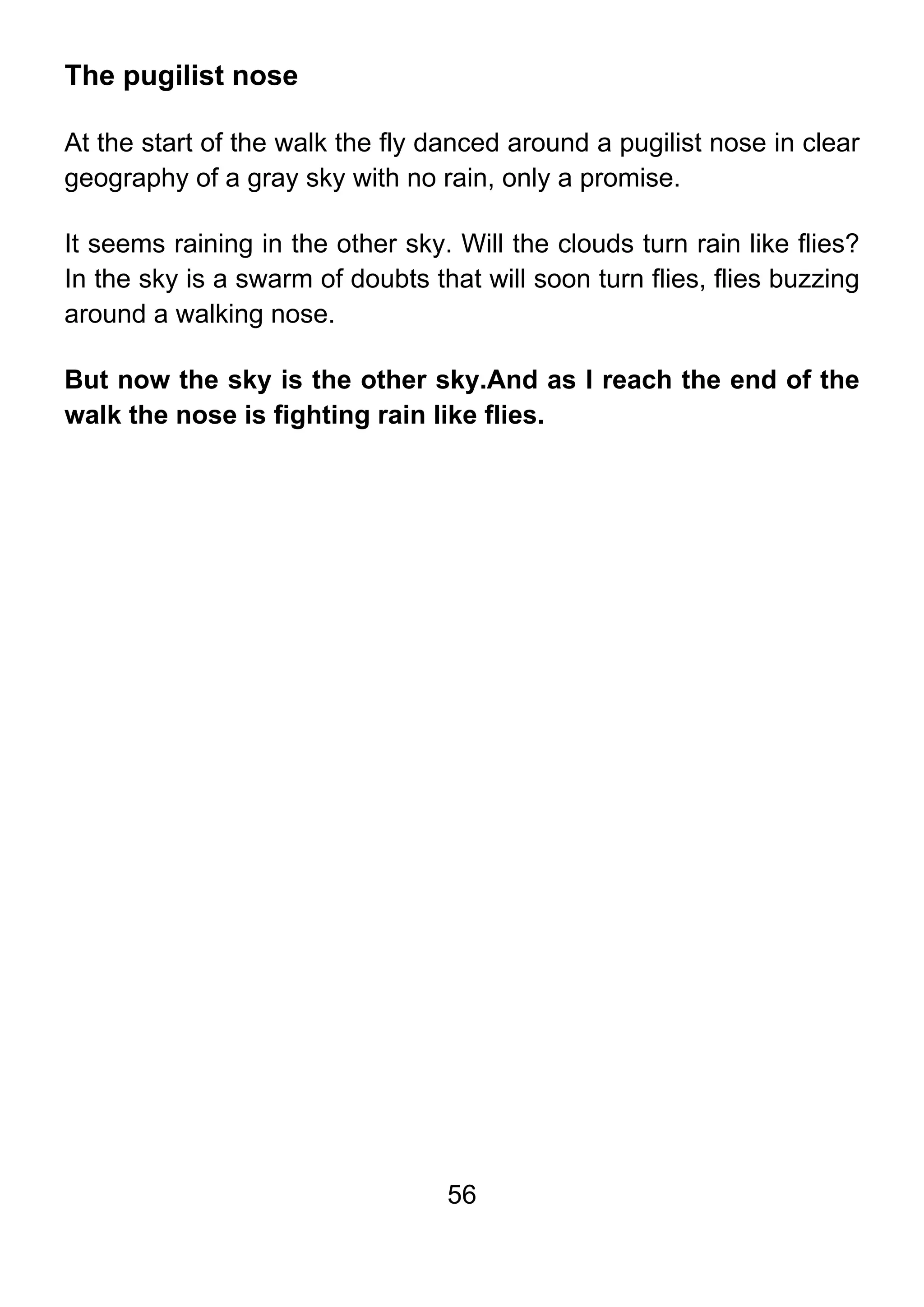 56
The pugilist nose
At the start of the walk the fly danced around a pugilist nose in clear
geography of a gray sky with no rain, only a promise.
It seems raining in the other sky. Will the clouds turn rain like flies?
In the sky is a swarm of doubts that will soon turn flies, flies buzzing
around a walking nose.
But now the sky is the other sky.And as I reach the end of the
walk the nose is fighting rain like flies.
 