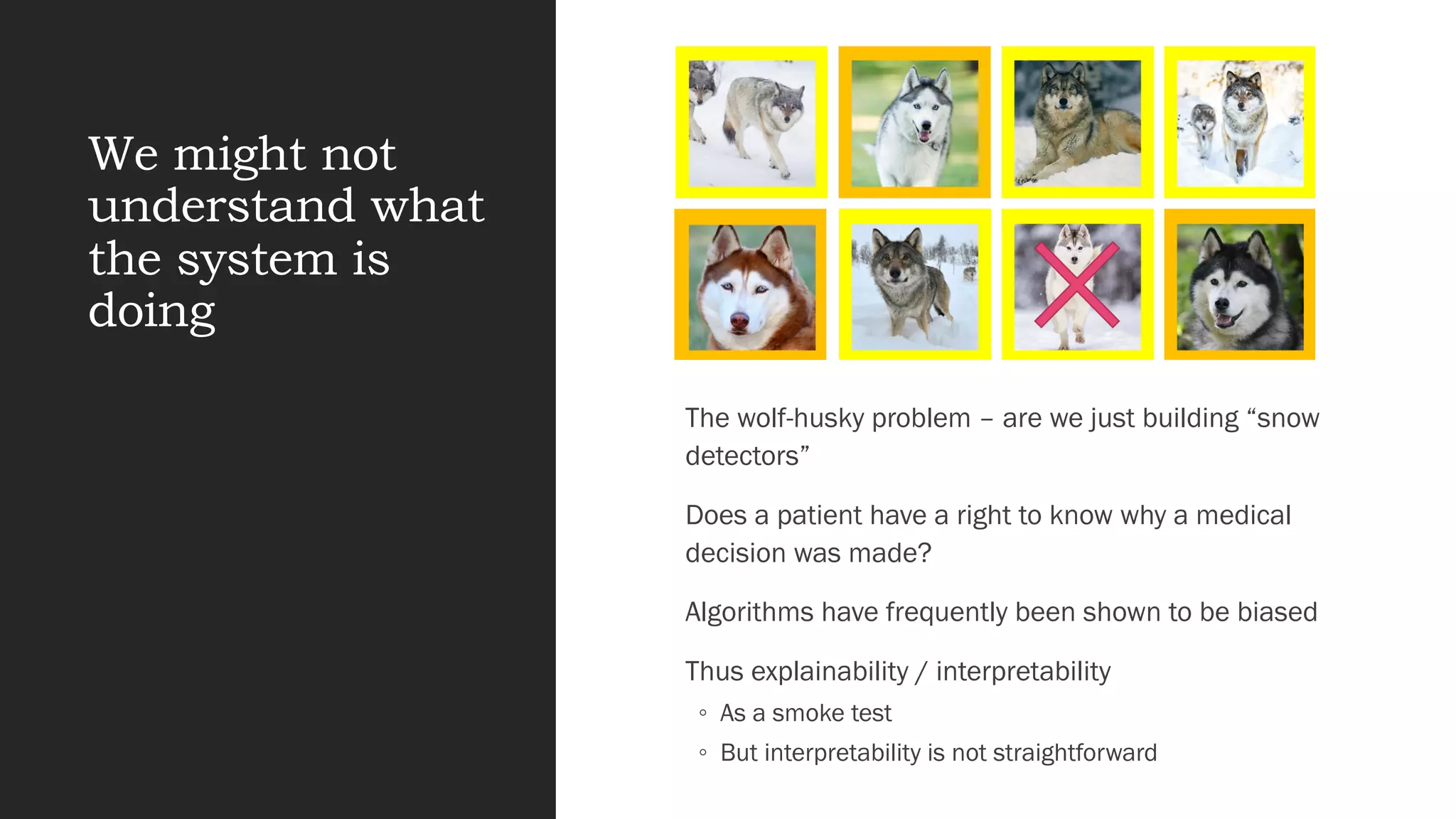 We might not
understand what
the system is
doing
The wolf-husky problem – are we just building “snow
detectors”
Does a patient have a right to know why a medical
decision was made?
Algorithms have frequently been shown to be biased
Thus explainability / interpretability
◦ As a smoke test
◦ But interpretability is not straightforward
 