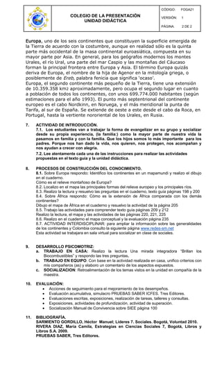 COLEGIO DE LA PRESENTACIÓN
UNIDAD DIDÁCTICA
CÓDIGO: FOGA21
VERSIÓN: 1
PÁGINA: 2 DE 2
Europa, uno de los seis continentes que constituyen la superficie emergida de
la Tierra de acuerdo con la costumbre, aunque en realidad sólo es la quinta
parte más occidental de la masa continental euroasiática, compuesta en su
mayor parte por Asia. En general, para los geógrafos modernos los montes
Urales, el río Ural, una parte del mar Caspio y las montañas del Cáucaso
forman la principal frontera entre Europa y Asia. El término Europa quizás
deriva de Europa, el nombre de la hija de Agenor en la mitología griega, o
posiblemente de Ereb, palabra fenicia que significa ‘ocaso’.
Europa, el segundo continente más pequeño de la Tierra, tiene una extensión
de 10.359.358 km2 aproximadamente, pero ocupa el segundo lugar en cuanto
a población de todos los continentes, con unos 699.774.000 habitantes (según
estimaciones para el año 1993). El punto más septentrional del continente
europeo es el cabo Nordkinn, en Noruega, y el más meridional la punta de
Tarifa, al sur de España. Se extiende de oeste a este desde el cabo da Roca, en
Portugal, hasta la vertiente nororiental de los Urales, en Rusia.
7. ACTIVIDAD DE INTRODUCCIÓN.
7.1. Los estudiantes van a trabajar la forma de evangelizar en su grupo y socializar
desde su propia experiencia, (la familia:) como la mayor parte de nuestra vida la
pasamos en familia y con la familia. Que los hijos somos lo más importante para los
padres. Porque nos han dado la vida, nos quieren, nos protegen, nos acompañan y
nos ayudan a crecer con alegría.
7.2. Lee atentamente cada una de las instrucciones para realizar las actividades
propuestas en el texto guía y la unidad didáctica.
8. PROCESOS DE CONSTRUCCIÓN DEL CONOCIMIENTO.
8.1. Sobre Europa respondo: Identifico los continentes en un mapamundi y realizo el dibujo
en el cuaderno.
Cómo es el relieve montañoso de Europa?
8.2. Localizo en el mapa las principales formas del relieve europeo y los principales ríos.
8.3. Realizo la lectura y resuelvo las preguntas en el cuaderno, texto guía páginas 198 y 200
8.4. Sobre África respondo: Cómo es la extensión de África comparada con los demás
continentes?
Dibujo el mapa de África en el cuaderno y resuelvo la actividad de la página 205
8.5. Trabajo las actividades para comprender texto guía páginas 209 y 212
Realizo la lectura, el mapa y las actividades de las páginas 220, 221, 225
8.6. Realizo en el cuaderno el mapa conceptual y la evaluación página 235
8.7. ACTIVIDAD INTERDISCIPLINAR: para ampliar la información sobre las generalidades
de los continentes y Colombia consulto la siguiente página www.redes-sm.net
Esta actividad se trabajara en sala virtual para socializar en clase de sociales.
9. DESARROLLO PSICOMOTRIZ:
a. TRABAJO EN CASA: Realizo la lectura Una mirada integradora “Brillan los
Biocombustibles” y respondo las tres preguntas.
b. TRABAJO EN EQUIPO: Con base en la actividad realizada en casa, unifico criterios con
mis compañeros (as) y elaboro un comentario de los aspectos expuestos.
c. SOCIALIZACION: Retroalimentación de los temas vistos en la unidad en compañía de la
maestra.
10. EVALUACIÓN:
 Acciones de seguimiento para el mejoramiento de los desempeños.
 Evaluación acumulativa, simulacro PRUEBAS SABER ICFES. Tres Editores.
 Evaluaciones escritas, exposiciones, realización de tareas, talleres y consultas.
 Exposiciones, actividades de profundización, actividad de superación.
 Socialización Manual de Convivencia sobre SIEE página 100
11. BIBLIOGRAFÍA.
SARMIENTO GORDILLO, Héctor Manuel; Líderes 7. Sociales. Bogotá, Voluntad 2010.
RIVERA DIAZ, María Camila, Estrategias en Ciencias Sociales 7, Bogotá, Libros y
Libros S.A. 2009.
PRUEBAS SABER, Tres Editores.
 