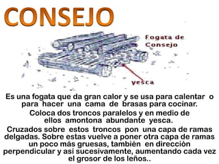 Es una fogata que da gran calor y se usa para calentar o
    para hacer una cama de brasas para cocinar.
      Coloca dos troncos paralelos y en medio de
          ellos amontona abundante yesca.
 Cruzados sobre estos troncos pon una capa de ramas
delgadas. Sobre estas vuelve a poner otra capa de ramas
      un poco más gruesas, también en dirección
perpendicular y así sucesivamente, aumentando cada vez
                 el grosor de los leños..
 