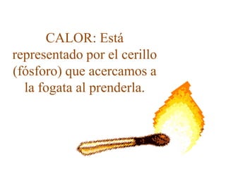 CALOR: Está
representado por el cerillo
(fósforo) que acercamos a
  la fogata al prenderla.
 