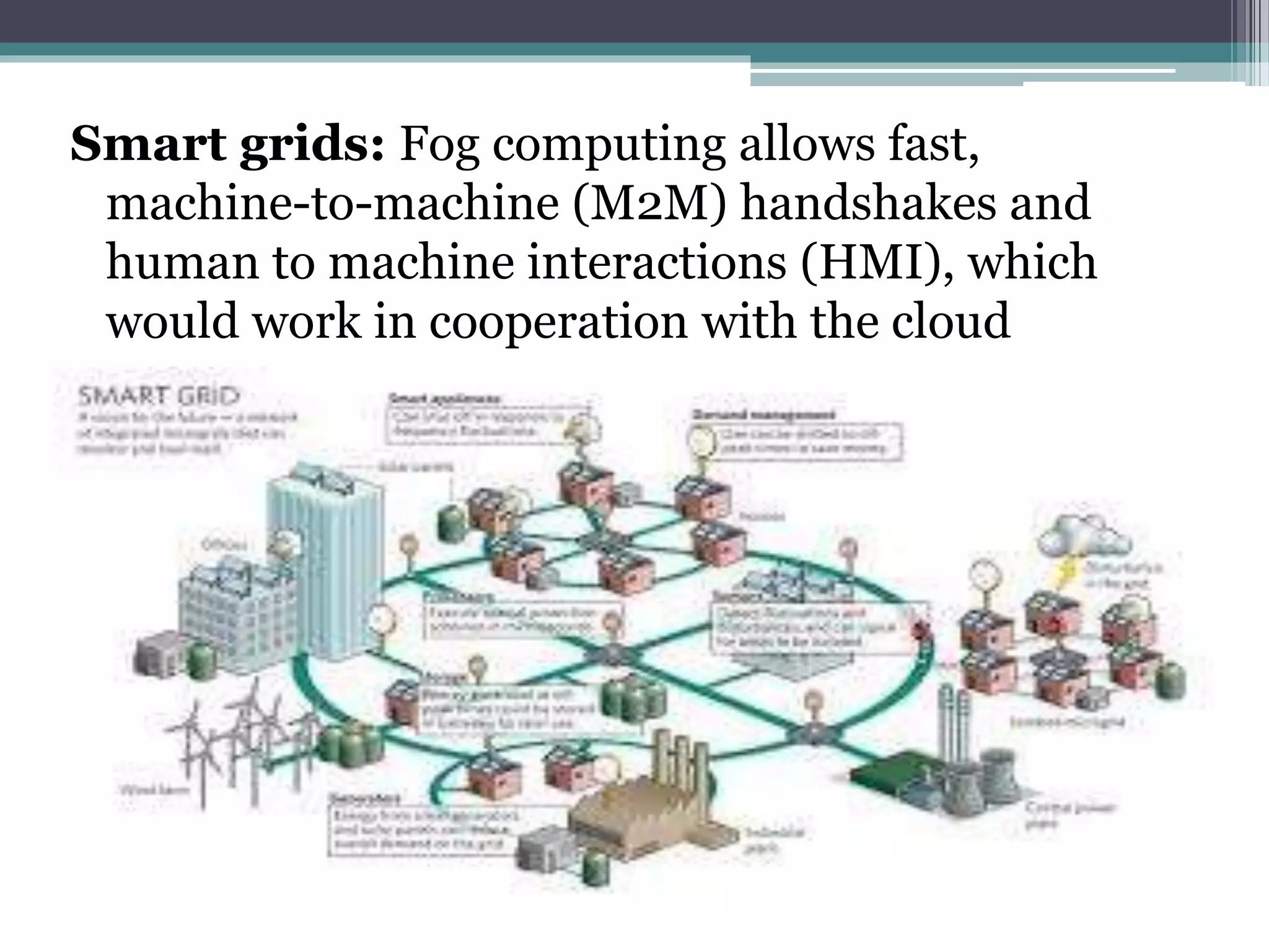 Smart grids: Fog computing allows fast,
machine-to-machine (M2M) handshakes and
human to machine interactions (HMI), which
would work in cooperation with the cloud
 