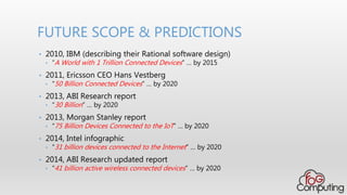 • 2010, IBM (describing their Rational software design)
• “A World with 1 Trillion Connected Devices” … by 2015
• 2011, Ericsson CEO Hans Vestberg
• “50 Billion Connected Devices” … by 2020
• 2013, ABI Research report
• “30 Billion” … by 2020
• 2013, Morgan Stanley report
• “75 Billion Devices Connected to the IoT” … by 2020
• 2014, Intel infographic
• “31 billion devices connected to the Internet” … by 2020
• 2014, ABI Research updated report
• “41 billion active wireless connected devices” … by 2020
FUTURE SCOPE & PREDICTIONS
 