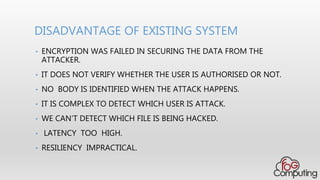 DISADVANTAGE OF EXISTING SYSTEM
• ENCRYPTION WAS FAILED IN SECURING THE DATA FROM THE
ATTACKER.
• IT DOES NOT VERIFY WHETHER THE USER IS AUTHORISED OR NOT.
• NO BODY IS IDENTIFIED WHEN THE ATTACK HAPPENS.
• IT IS COMPLEX TO DETECT WHICH USER IS ATTACK.
• WE CAN’T DETECT WHICH FILE IS BEING HACKED.
• LATENCY TOO HIGH.
• RESILIENCY IMPRACTICAL.
 