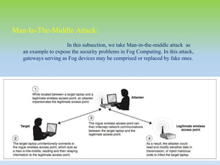In this subsection, we take Man-in-the-middle attack as
an example to expose the security problems in Fog Computing. In this attack,
gateways serving as Fog devices may be comprised or replaced by fake ones.
Man-In-The-Middle Attack:
 