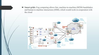  Smart grids: Fog computing allows fast, machine-to-machine (M2M) handshakes
and human to machine interactions (HMI), which would work in cooperation with
the cloud
 