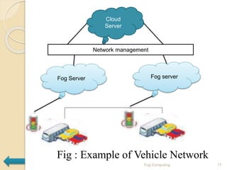 Fig : Example of Vehicle Network
Fog Server Fog server
Cloud
Server
Network management
17Fog Computing
 
