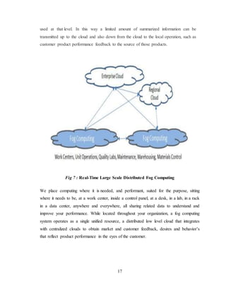 17
used at that level. In this way a limited amount of summarized information can be
transmitted up to the cloud and also down from the cloud to the local operation, such as
customer product performance feedback to the source of those products.
Fig 7 : Real-Time Large Scale Distributed Fog Computing
We place computing where it is needed, and performant, suited for the purpose, sitting
where it needs to be, at a work center, inside a control panel, at a desk, in a lab, in a rack
in a data center, anywhere and everywhere, all sharing related data to understand and
improve your performance. While located throughout your organization, a fog computing
system operates as a single unified resource, a distributed low level cloud that integrates
with centralized clouds to obtain market and customer feedback, desires and behavior’s
that reflect product performance in the eyes of the customer.
 