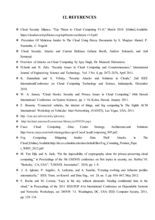 12. REFERENCES
 Cloud Security Alliance, “Top Threat to Cloud Computing V1.0,” March 2010. [Online].Available:
https://cloudsecurityalliance.org/topthreats/csathreats.v1.0.pdf
 Prevention Of Malicious Insider In The Cloud Using Decoy Documents by S. Muqtyar Ahmed, P.
Namratha, C. Nagesh
 Cloud Security: Attacks and Current Defenses Gehana Booth, Andrew Soknacki, and Anil
Somayaji.
 Overview of Attacks on Cloud Computing by Ajey Singh, Dr. Maneesh Shrivastava.
 D.Jamil and H. Zaki, “Security Issues in Cloud Computing and Countermeasures,” International
Journal of Engineering Science and Technology, Vol. 3 No. 4, pp. 2672-2676, April 2011.
 K. Zunnurhain and S. Vrbsky, “Security Attacks and Solutions in Clouds,” 2nd IEEE
InternationalConference on Cloud Computing Technology and Science, Indianapolis, December
2010.
 W. A. Jansen, “Cloud Hooks: Security and Privacy Issues in Cloud Computing,” 44th Hawaii
International Conference on System Sciences, pp. 1–10, Koloa, Hawaii, January 2011.
 F. Bonomi, “Connected vehicles, the internet of things, and fog computing,”in The Eighth ACM
International Workshop on Vehicular Inter-Networking (VANET), Las Vegas, USA, 2011.
 http ://cnc.ucr.edu/security/glossary.
 http://technet.microsoft.com/enus/library/cc959354.aspx
 Cisco Cloud Computing -Data Center Strategy, Architecture,and Solutions
http://www.cisco.com/web/strategy/docs/gov/CiscoCloudComputing_WP.pdf.
 Fog Computing: Mitigating Insider Data Theft Attacks in The
Cloud.[Online].Available:http://ids.cs.columbia.edu/sites/default/files/Fog_Comuting_Position_Pape
r_WRIT_2012.pdf
 M. Van Dijk and A. Juels, “On the impossibility of cryptography alone for privacy-preserving cloud
computing,” in Proceedings of the 5th USENIX conference on Hot topics in security, ser. HotSec’10.
”Berkeley, CA, USA”: ”USENIX Association”, 2010, pp. 1–8.
 J. A. Iglesias, P. Angelov, A. Ledezma, and A. Sanchis, “Creating evolving user behavior profiles
automatically,” IEEE Trans. on Knowl. and Data Eng., vol. 24, no. 5, pp. 854–867, May 2012.
 F. Rocha and M. Correia, “Lucy in the sky without diamonds: Stealing confidential data in the
cloud,” in Proceedings of the 2011 IEEE/IFIP 41st International Conference on Dependable Systems
and Networks Workshops, ser. DSNW ’11. Washington, DC, USA: IEEE Computer Society, 2011,
pp. 129–134.
 