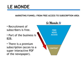LE MONDE
FREE
NEWS
ACCESS
MARKETING FUNNEL: FROM FREE ACCESS TO SUBSCRIPTION AREA
CONTENT
• Recruitment of
subscribers is ...