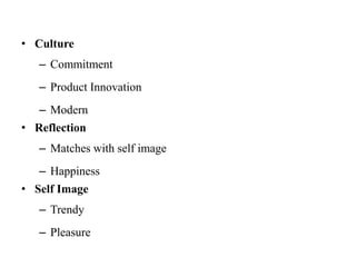• Culture
– Commitment
– Product Innovation
– Modern
• Reflection
– Matches with self image
– Happiness
• Self Image
– Trendy
– Pleasure
 